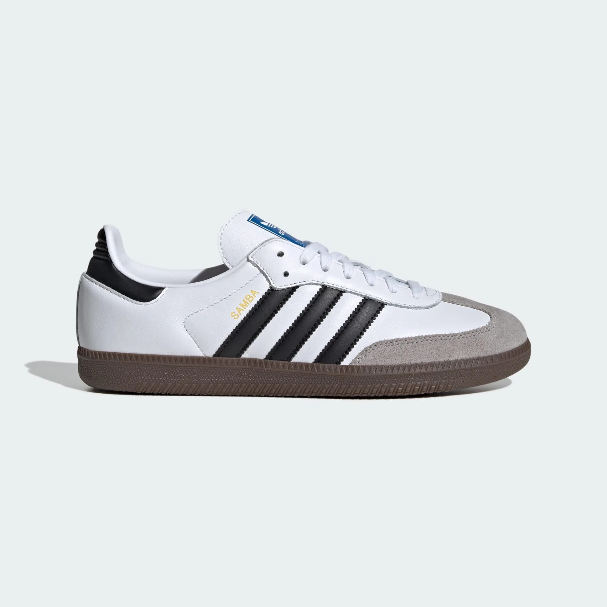Adidas Samba OG in Cloud White — side profile with black 3-Stripes and suede T-stripe