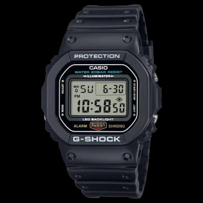 Casio G-Shock DW-5600E-1V in black resin, square case, digital display, face-on view