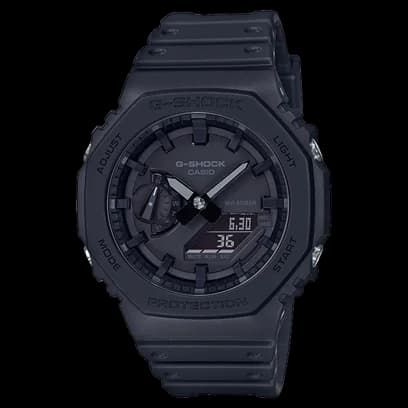 Casio G-Shock GA-2100-1A1 in all black with octagonal bezel, analog-digital dial, face-on view