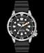 Citizen Promaster Diver Eco-Drive with black dial, luminous markers, on black polyurethane strap, face-on view