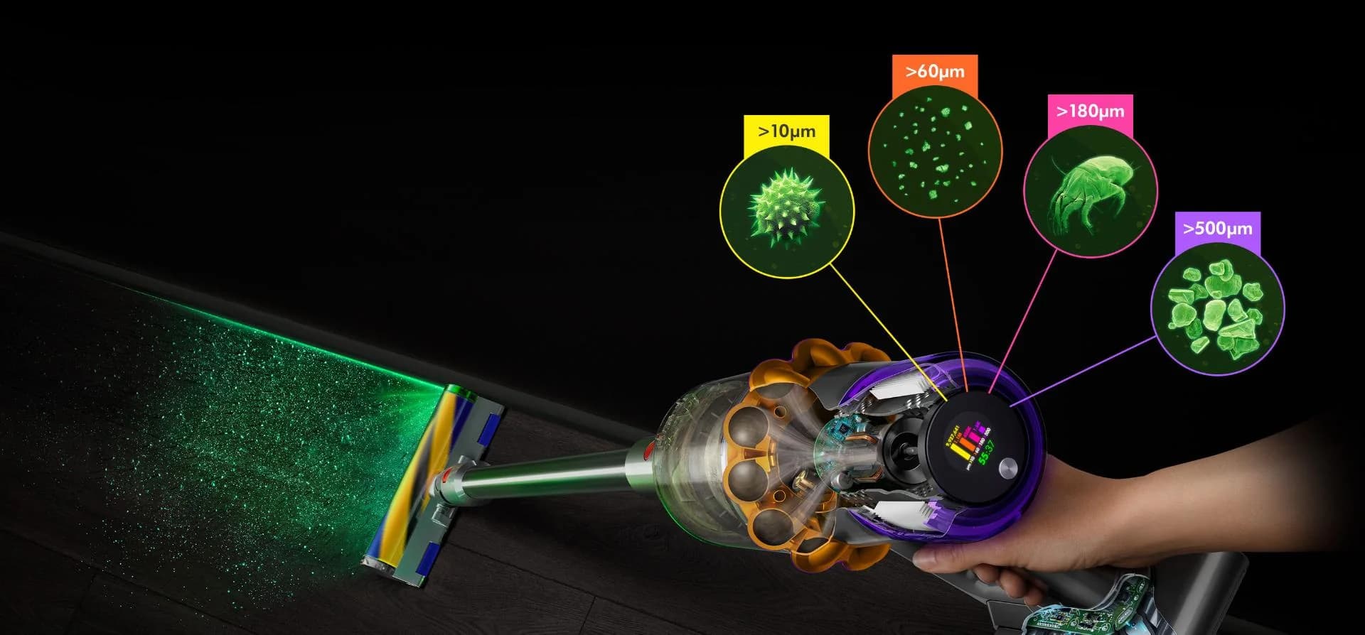 Dyson V15 Detect Absolute cordless vacuum in yellow and nickel, full-length view