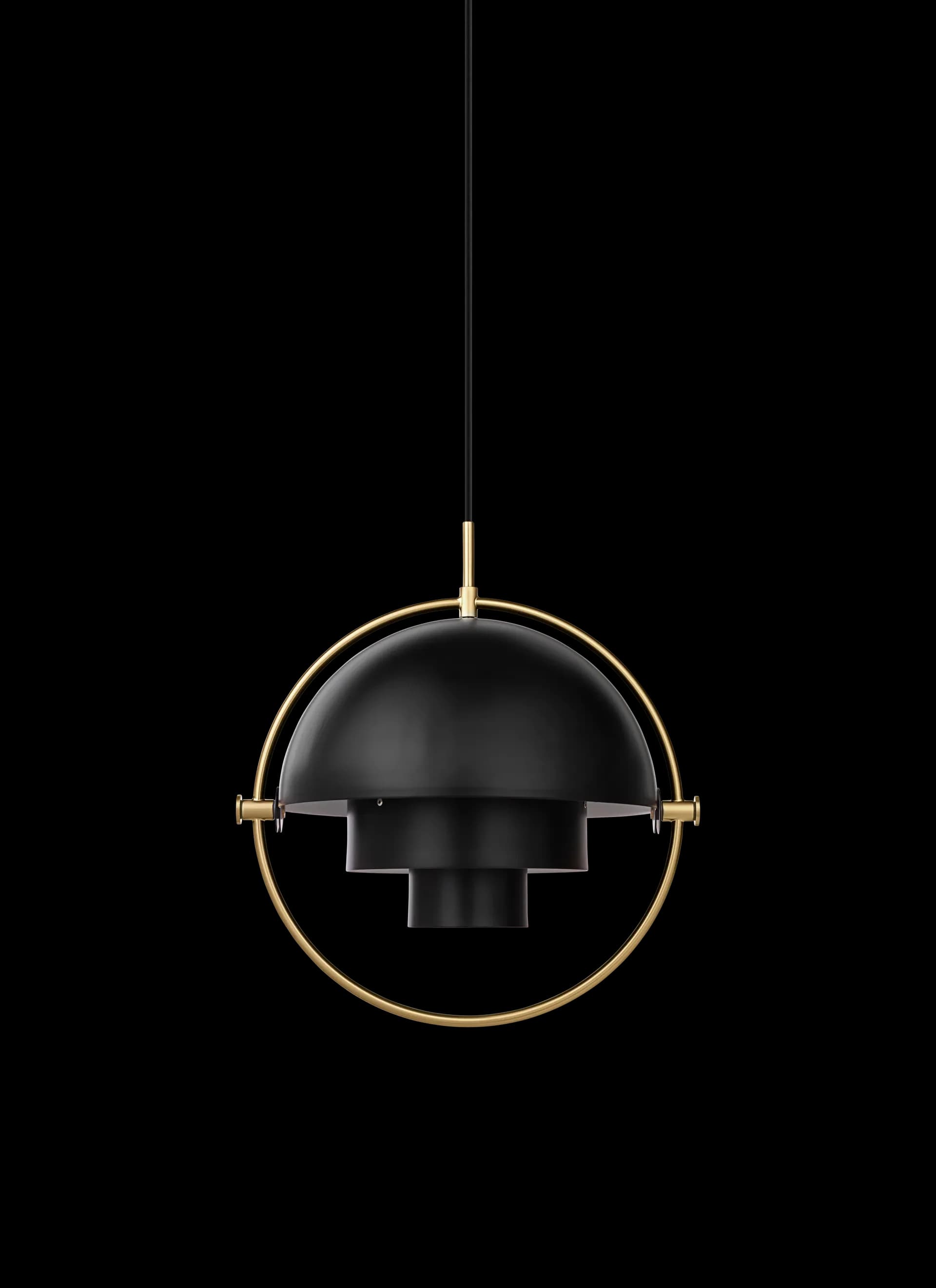 Gubi Multi-Lite Pendant Lamp in brass with rotating hemispheres, three-quarter view