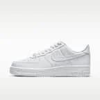 Nike Air Force 1 '07 in Triple White — side profile showing the Swoosh and stitched eyestay