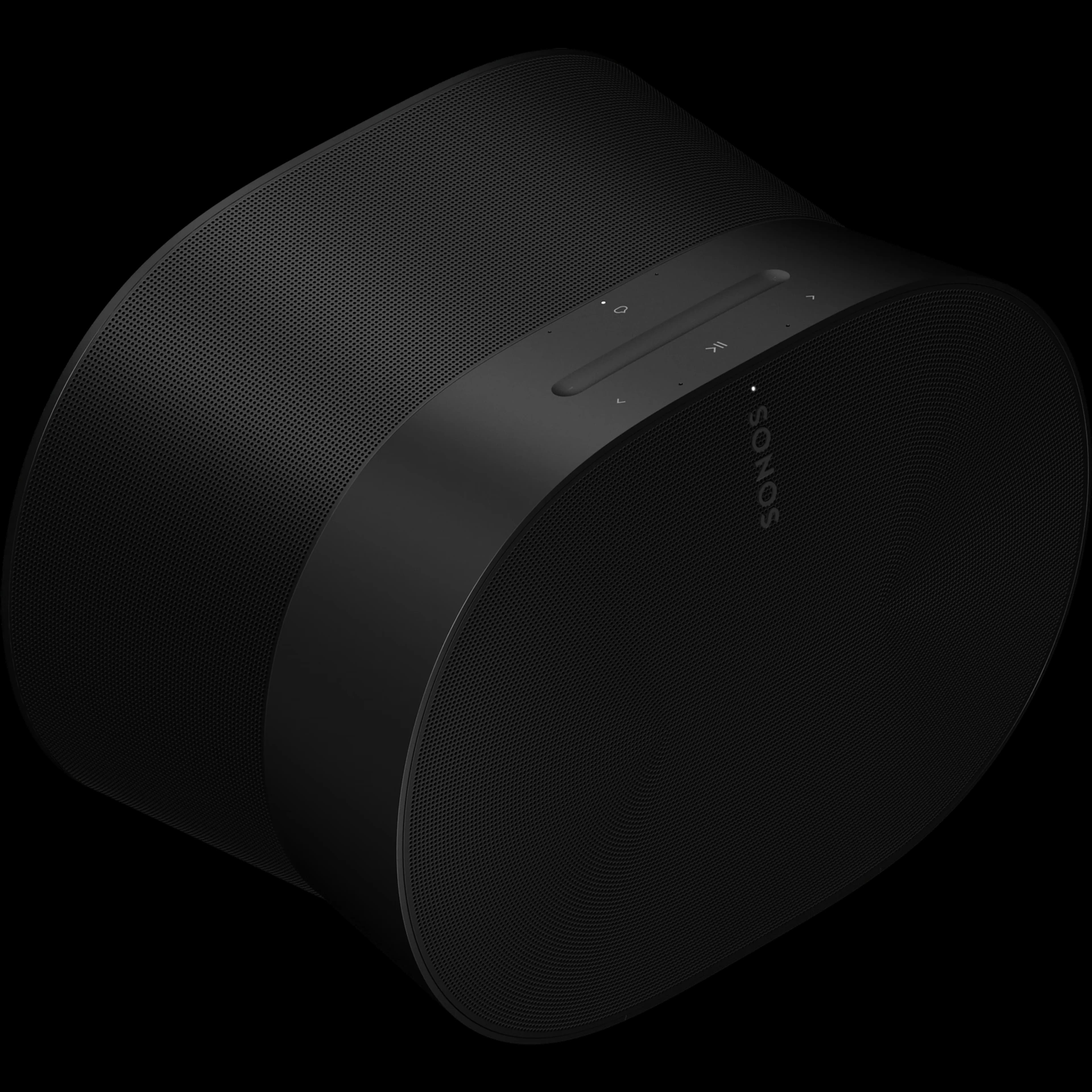 Sonos Era 300 speaker in black, three-quarter view showing the hourglass silhouette