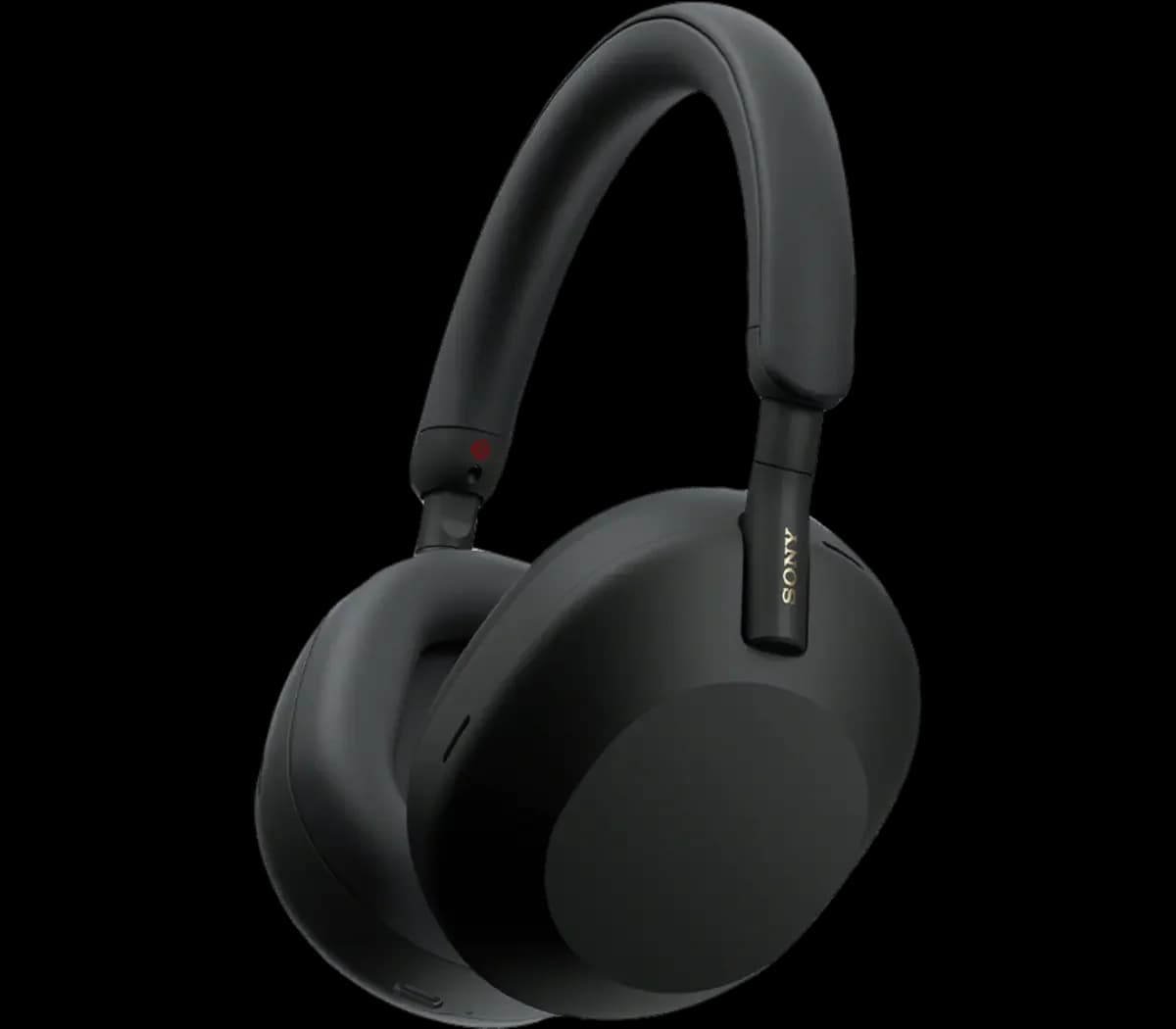 Sony WH-1000XM5 in black, three-quarter view showing the minimal ear cup shape
