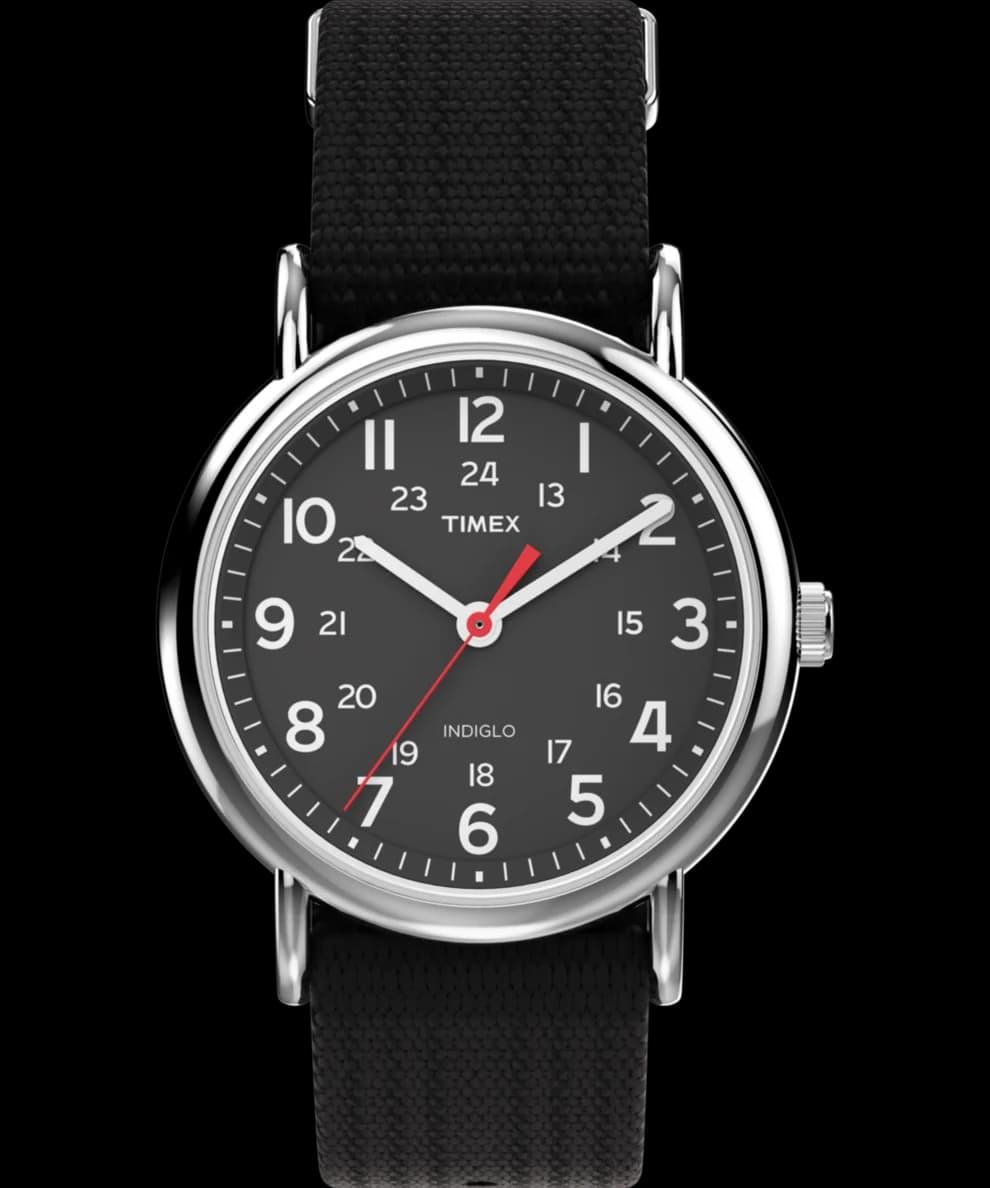 Timex Weekender 38mm with black dial and white indices on black NATO strap, face-on view