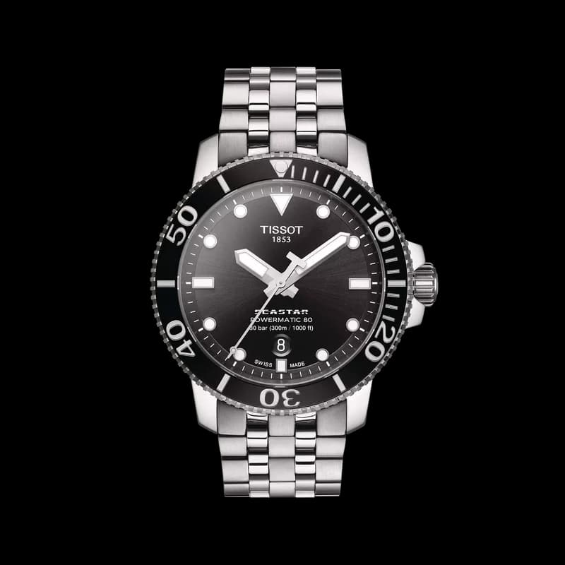 Tissot Seastar 1000 Powermatic 80 with black dial and ceramic bezel, face-on view