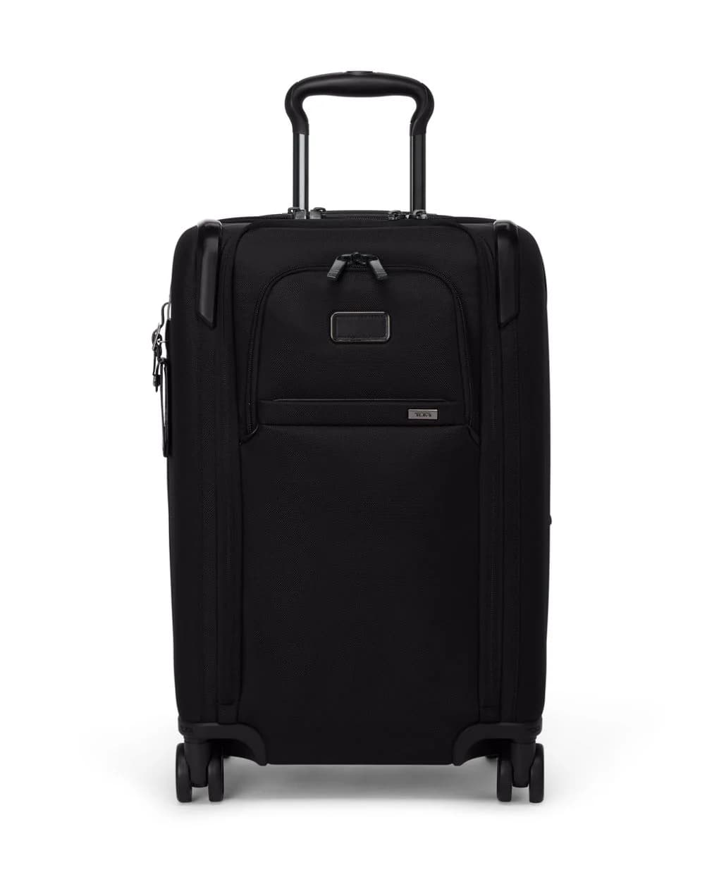 Tumi Alpha 3 International Carry-On in black ballistic nylon, three-quarter view with handle extended